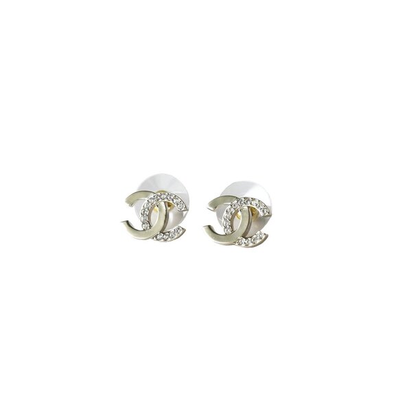 Chanel Metal and Crystal Strass CC Stud Earrings Gold - Picture 1 of 2